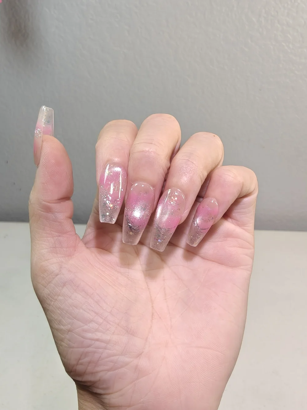 Pink Glitter Ombre Cat Eye French Tip Medium Long Coffin Press On Nails